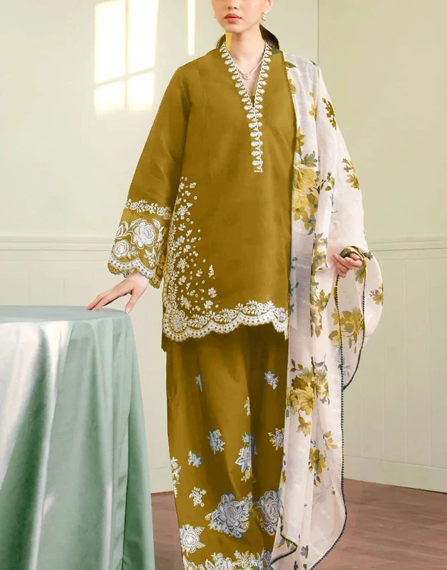 Best-selling Mustard Dhanak Winter Dress with dense embroidery on front, sleeves, daman, and trouser bottoms