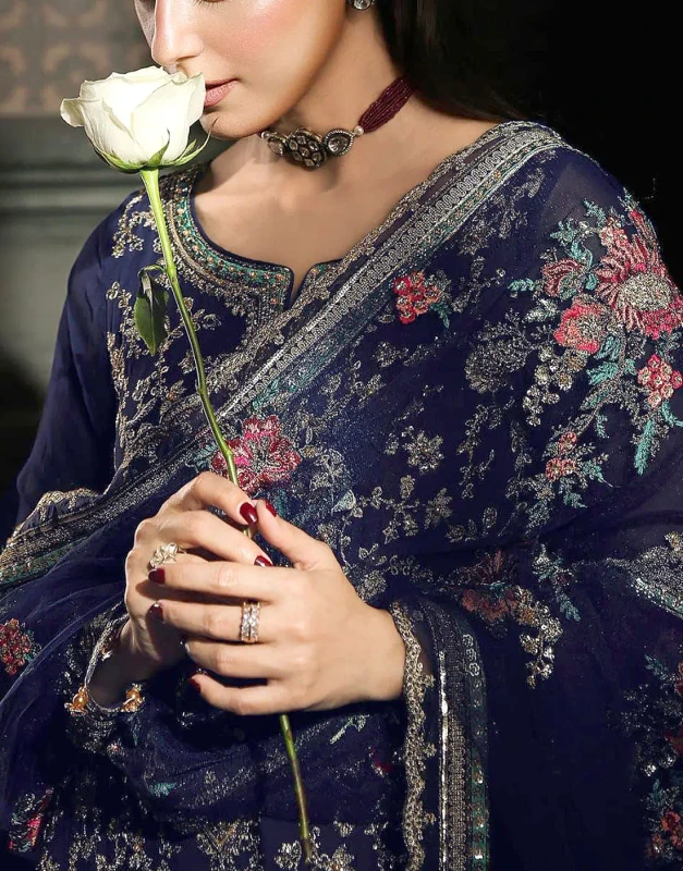 Navy blue embroidered chiffon unstitched formal dress front view - Pakistani wedding wear with zari sequins embroidery
