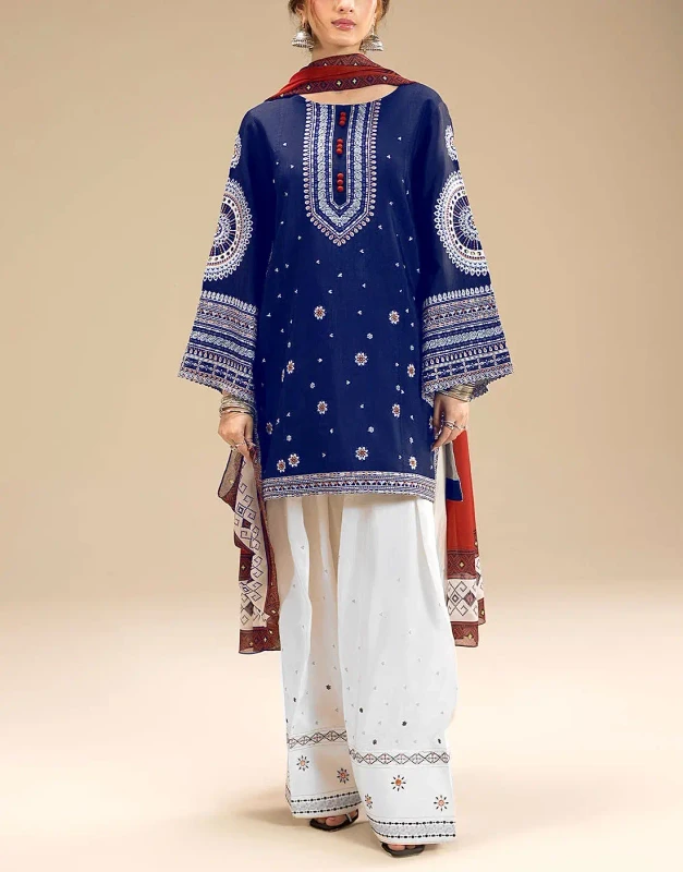 Navy blue embroidered Dhanak winter dress for girls front view - unstitched Pakistani warm outfit with digital Kotrai shawl