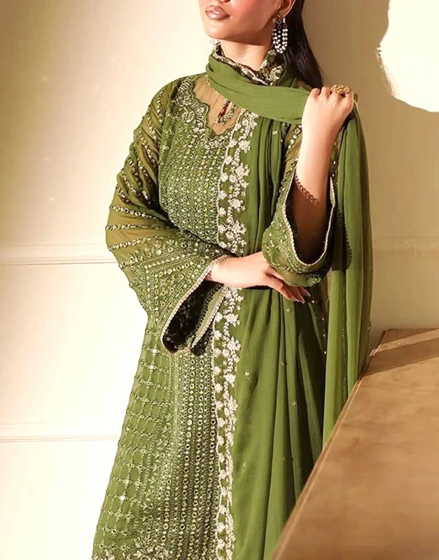 Olive-Green Chiffon Mehndi Dress heavily embroidered with 9mm sequins and zari
