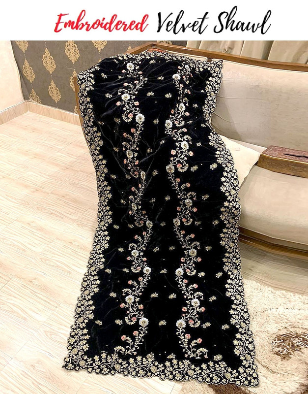 Premium Heavy Embroidered Black Bridal Velvet Shawl with 4-Side Cutwork and Handwork.