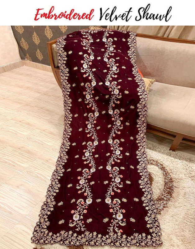 Premium Heavy Embroidered Maroon Bridal Velvet Shawl with 4-Side Cutwork and Handwork.