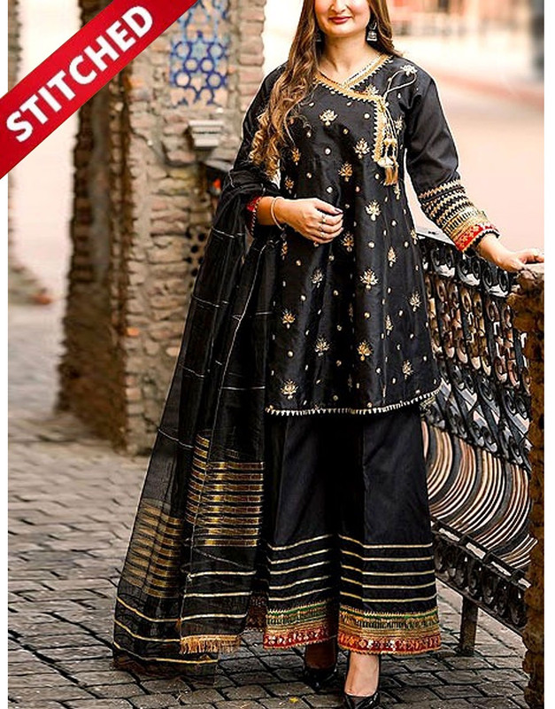 Ready-to-Wear Angrakha Embroidered Raw Silk 3-Pc Suit in Black with Printed Khaddi Net Dupatta.