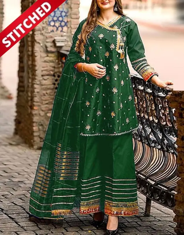 Ready-to-Wear Angrakha Embroidered Raw Silk 3-Pc Suit with Printed Khaddi Net Dupatta.