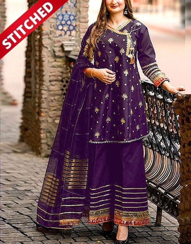 Ready-to-Wear Angrakha Embroidered Raw Silk 3-Pc Suit in Purple with Printed Khaddi Net Dupatta.