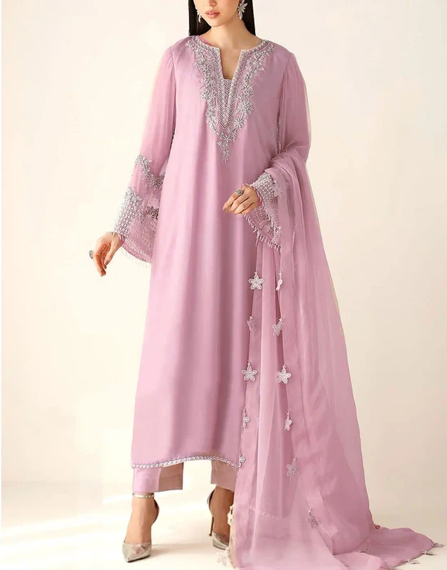 Tea pink chiffon party dress front view - unstitched Pakistani formal outfit with hand-embellished neck and sleeves