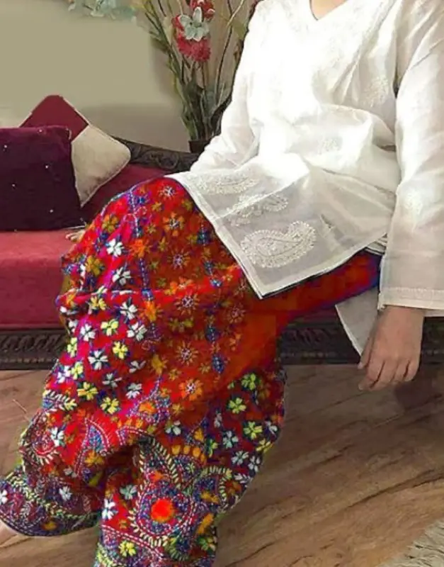 Unstitched Trendy Embroidered Cotton Lawn 2-Piece Dress with vibrant Red Phulkari Embroidered Trouser.