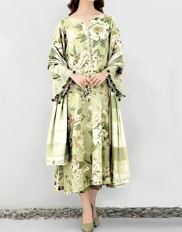 Trendy All-Over Digital Print Lawn 3-Piece Suit with self-printed Lawn Dupatta and Trouser.