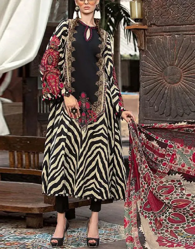 Unstitched Trendy Lawn 3-Piece Suit featuring printed fabric, embroidered neck, and a Printed Chiffon Dupatta.