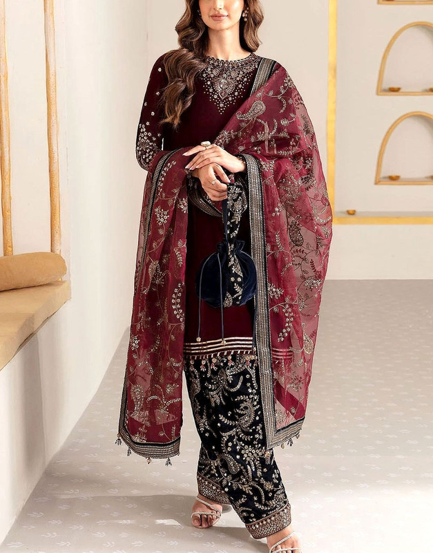 Trendy Embroidered Velvet Party Wear Dress 2026 with Heavy Embroidery on Front and Back.