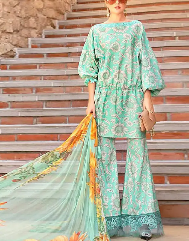 Vibrant Unstitched 3-Piece Lawn Suit with sunflower print and detailed embroidery, includes a digital print silk dupatta.
