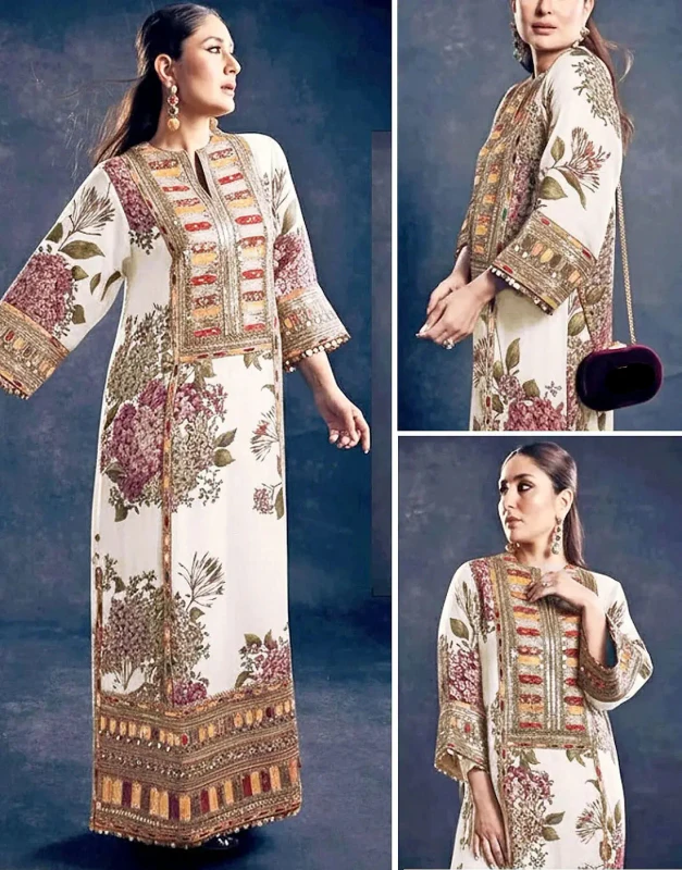 White Digital-Print Silk Party Dress with all-over print and embroidered daman
